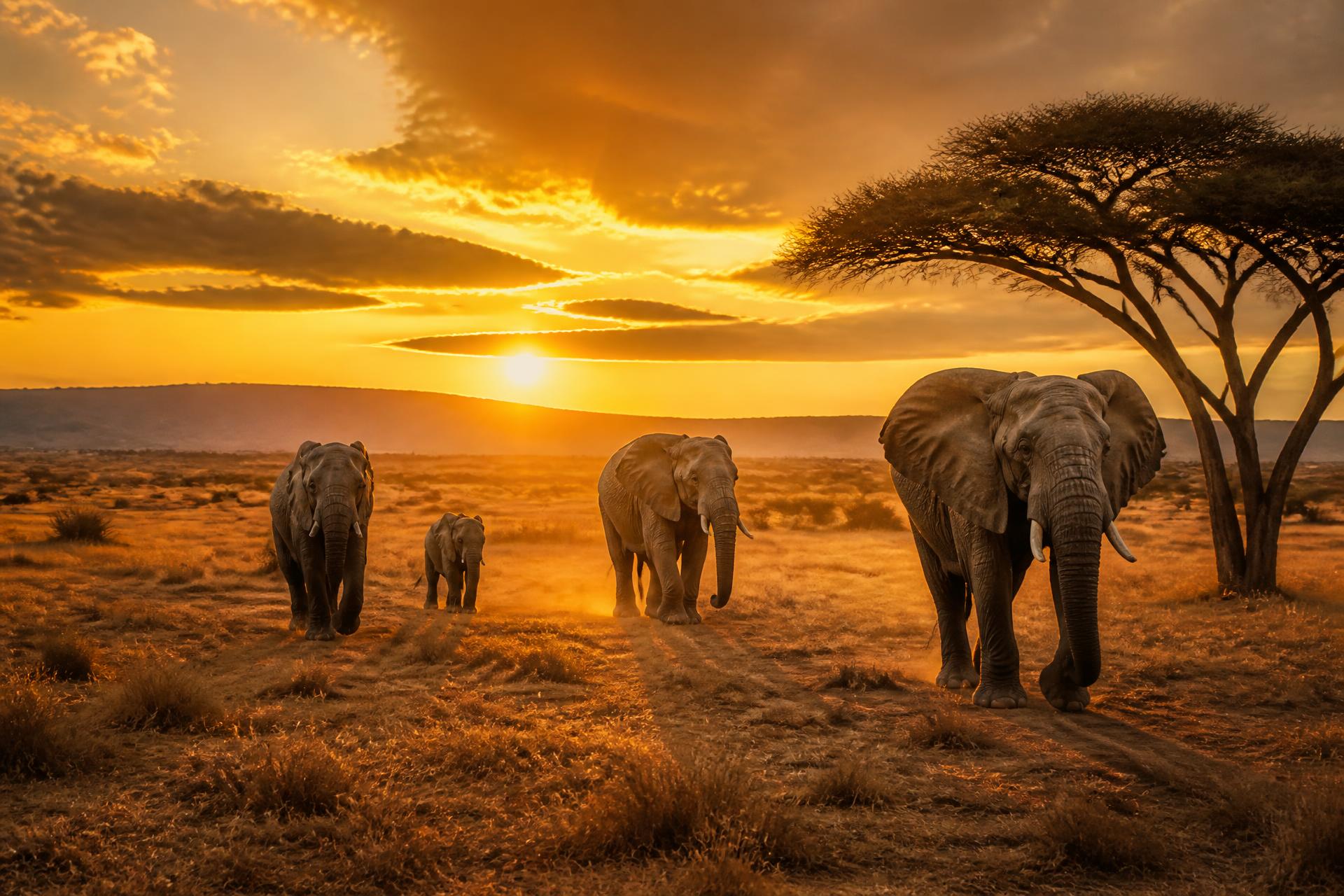 African savanna at golden hour with elephants and acacia trees